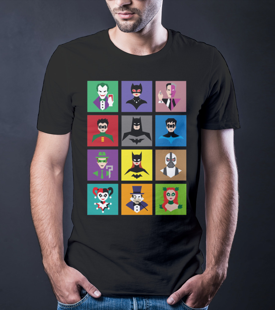 Batman Animated Villains Heroes Joker Catwoman Two-Face Robin Nightwing Riddler Batgirl Bane Harley Quinn Penguin Poison Ivy T-Shirt