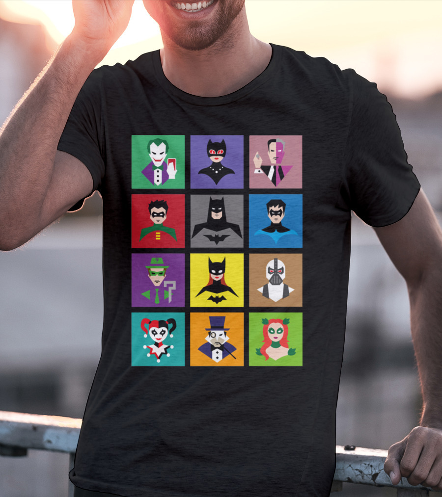 Batman Animated Villains Heroes Joker Catwoman Two-Face Robin Nightwing Riddler Batgirl Bane Harley Quinn Penguin Poison Ivy T-Shirt