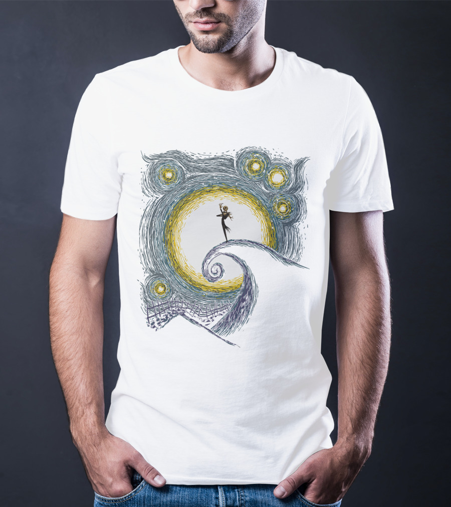 Jack Skellington On Curled Hill With Starry Night Inspired Background T-Shirt