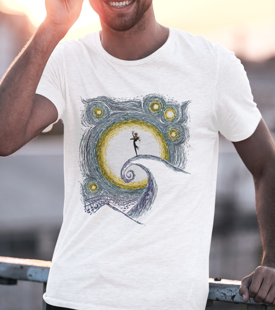 Jack Skellington On Curled Hill With Starry Night Inspired Background T-Shirt