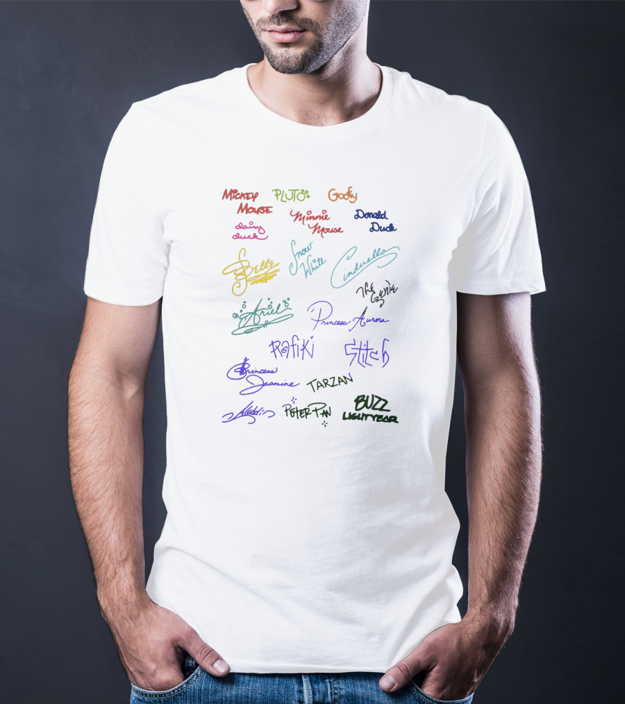 Mickey Mouse Pluto Goofy Minnie Donald Belle Snow White Cinderella Ariel Aurora Rafiki Stitch Jasmine Tarzan Mulan Peter Pan Buzz Lightyear Signatures T-Shirt