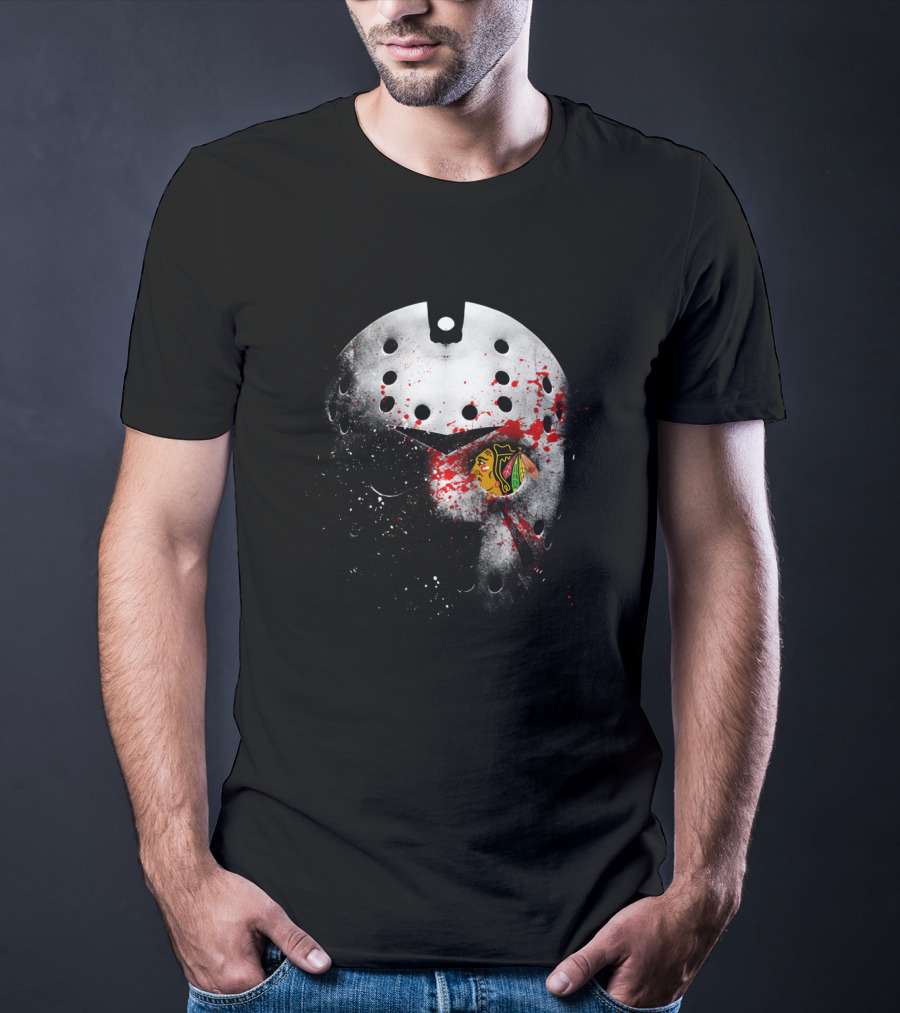 Chicago Blackhawks Jason Mask Blood Splatter Nhl Horror Crossover T-Shirt