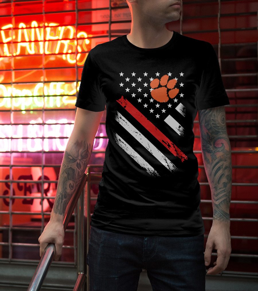 Clemson Tigers Football American Flag Paw Print Stars Stripes T-Shirt