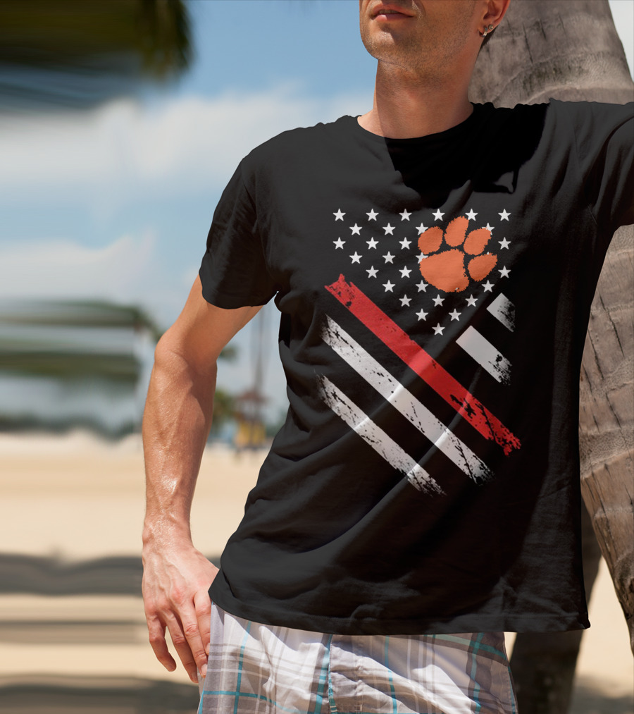 Clemson Tigers Football American Flag Paw Print Stars Stripes T-Shirt