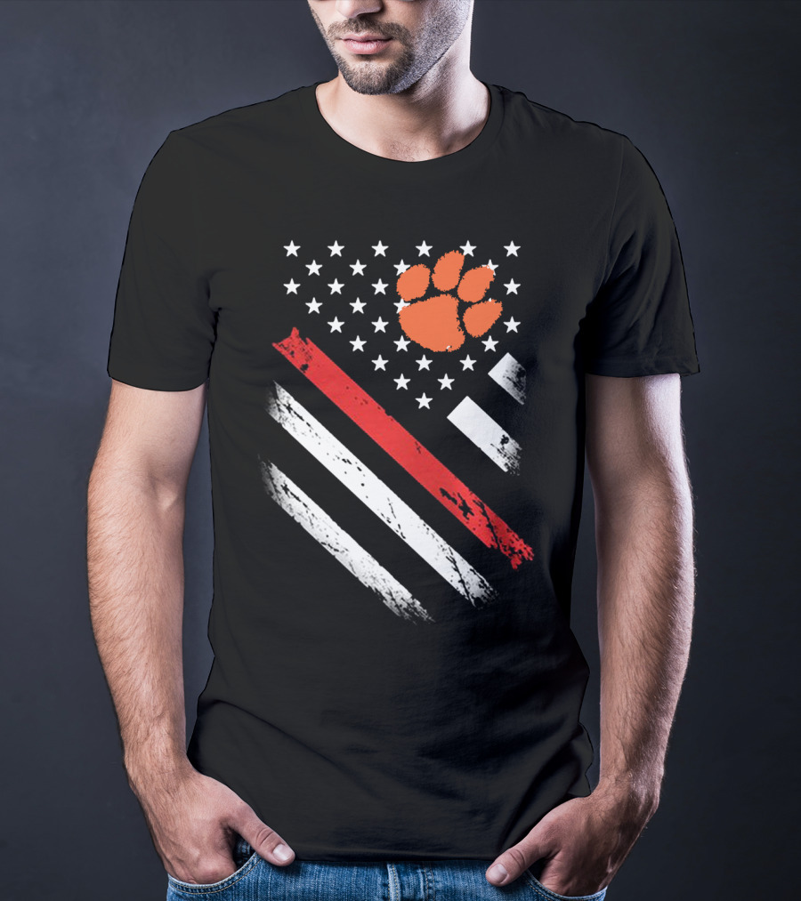 Clemson Tigers Football American Flag Paw Print Stars Stripes T-Shirt