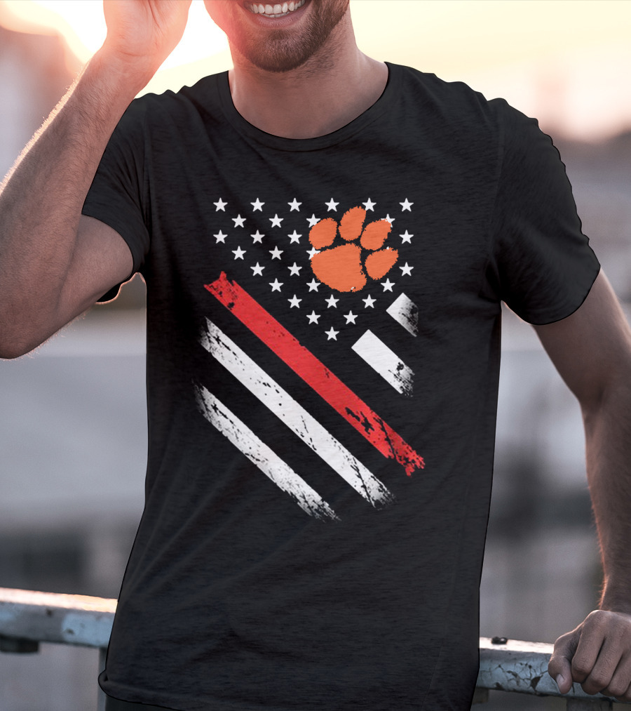 Clemson Tigers Football American Flag Paw Print Stars Stripes T-Shirt