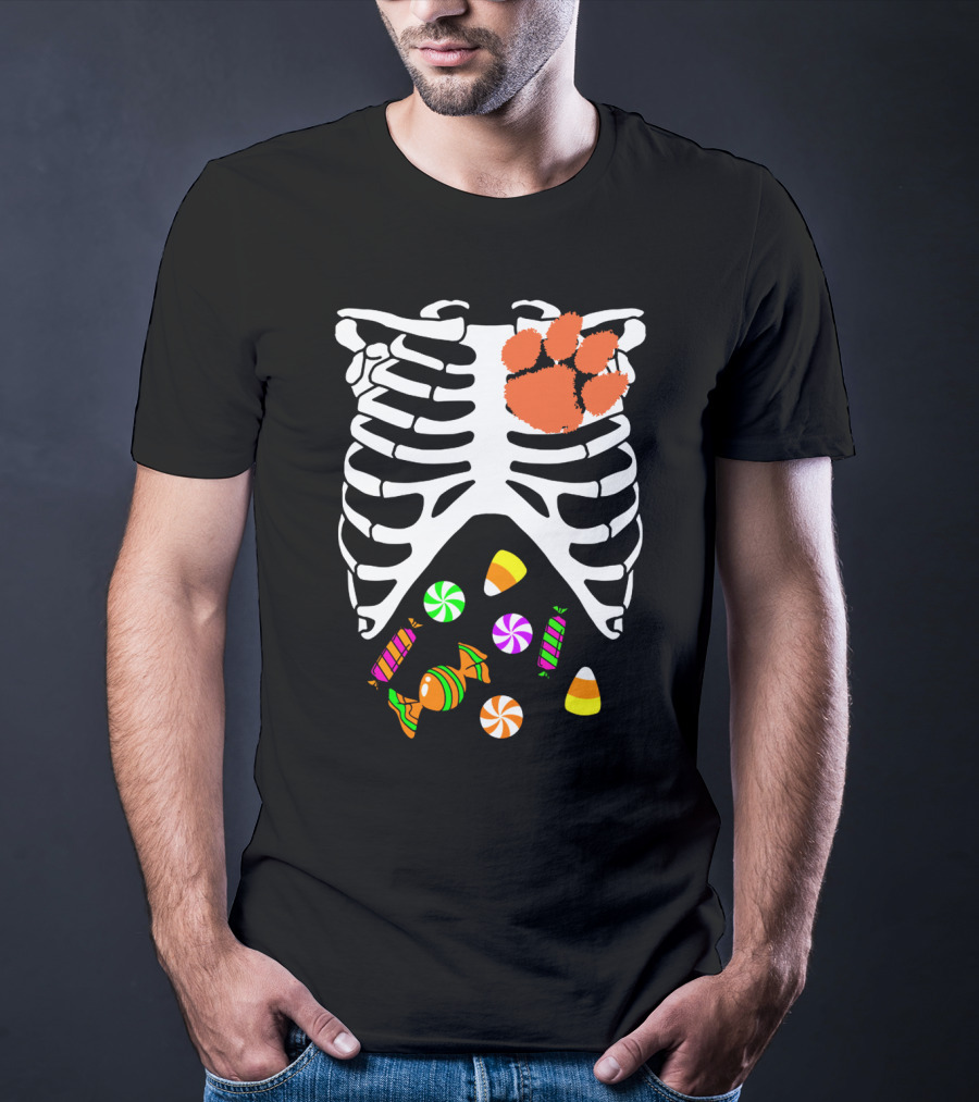 Clemson Tigers Halloween Candy Skeleton Paw Print T-Shirt
