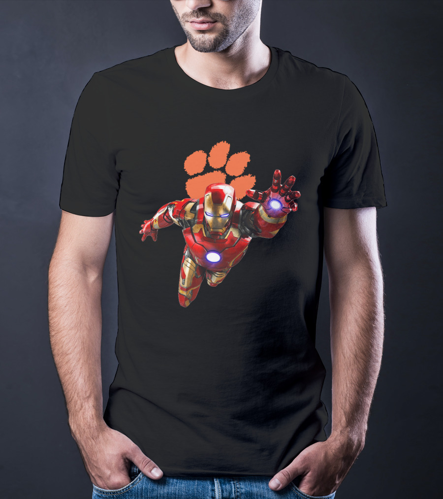Clemson Tigers Iron Man Flying Paw Print Football T-Shirt