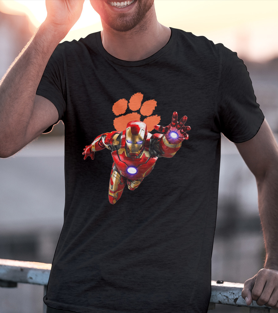 Clemson Tigers Iron Man Flying Paw Print Football T-Shirt