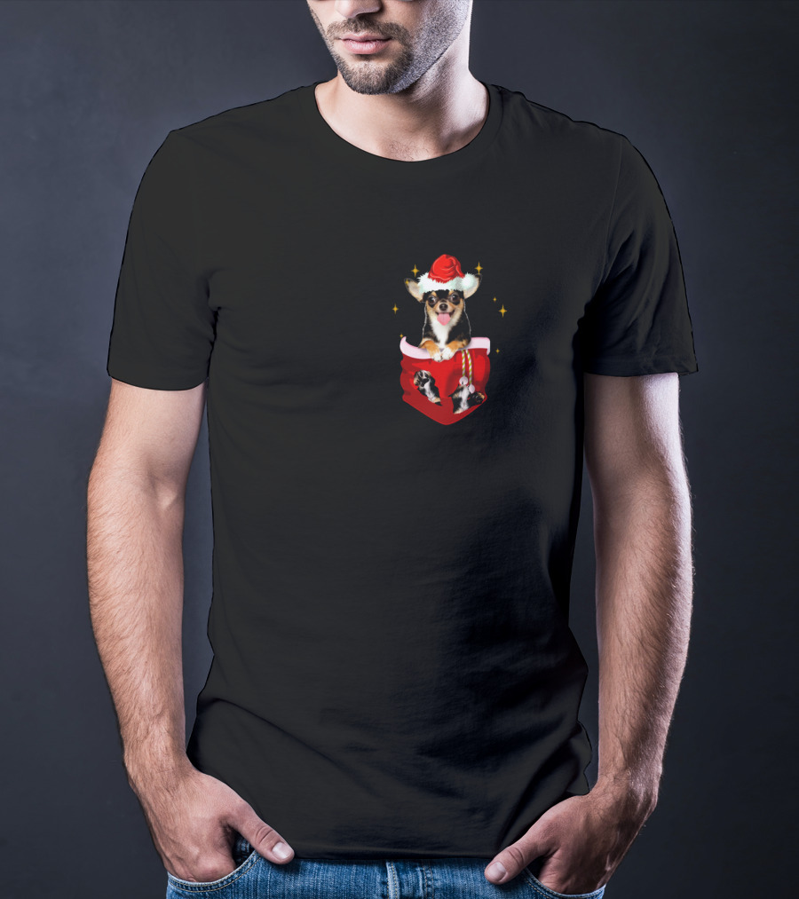 Chihuahua In Santa Hat Pocket With Christmas Sparkles T-Shirt