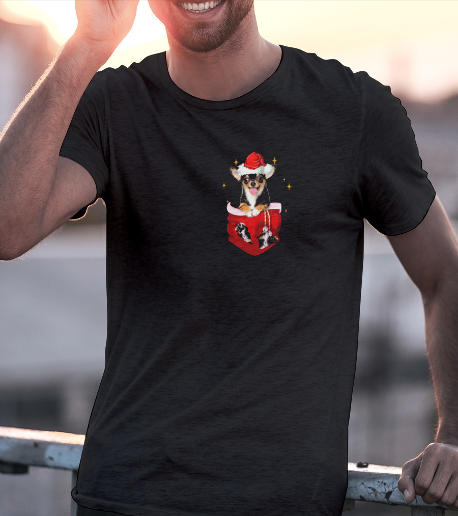 Chihuahua In Santa Hat Pocket With Christmas Sparkles T-Shirt