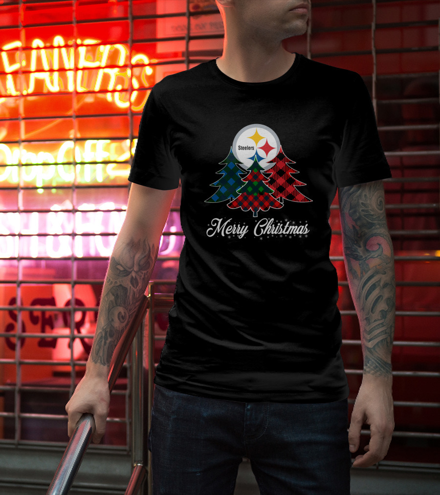 Steelers Merry Christmas Plaid Trees T-Shirt