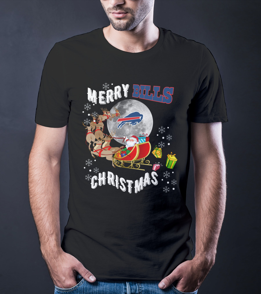 Merry Bills Christmas Buffalo Bills Santa Sleigh And Moon T-Shirt