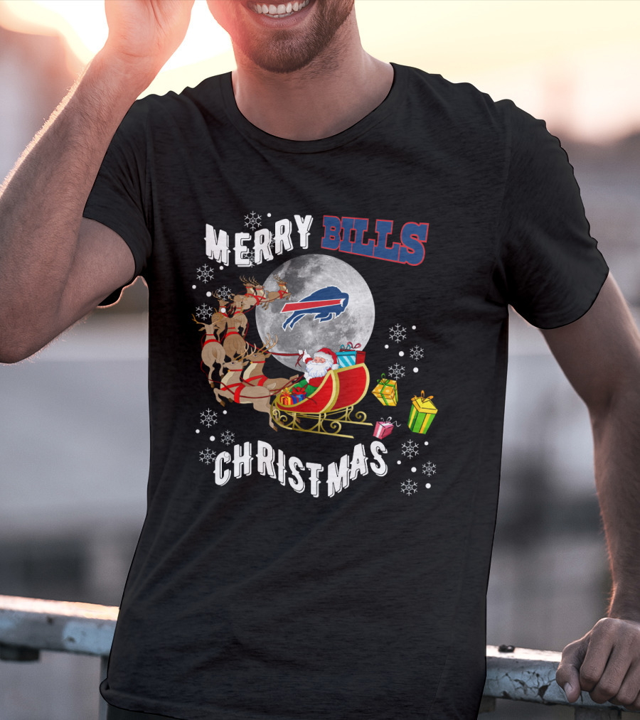 Merry Bills Christmas Buffalo Bills Santa Sleigh And Moon T-Shirt