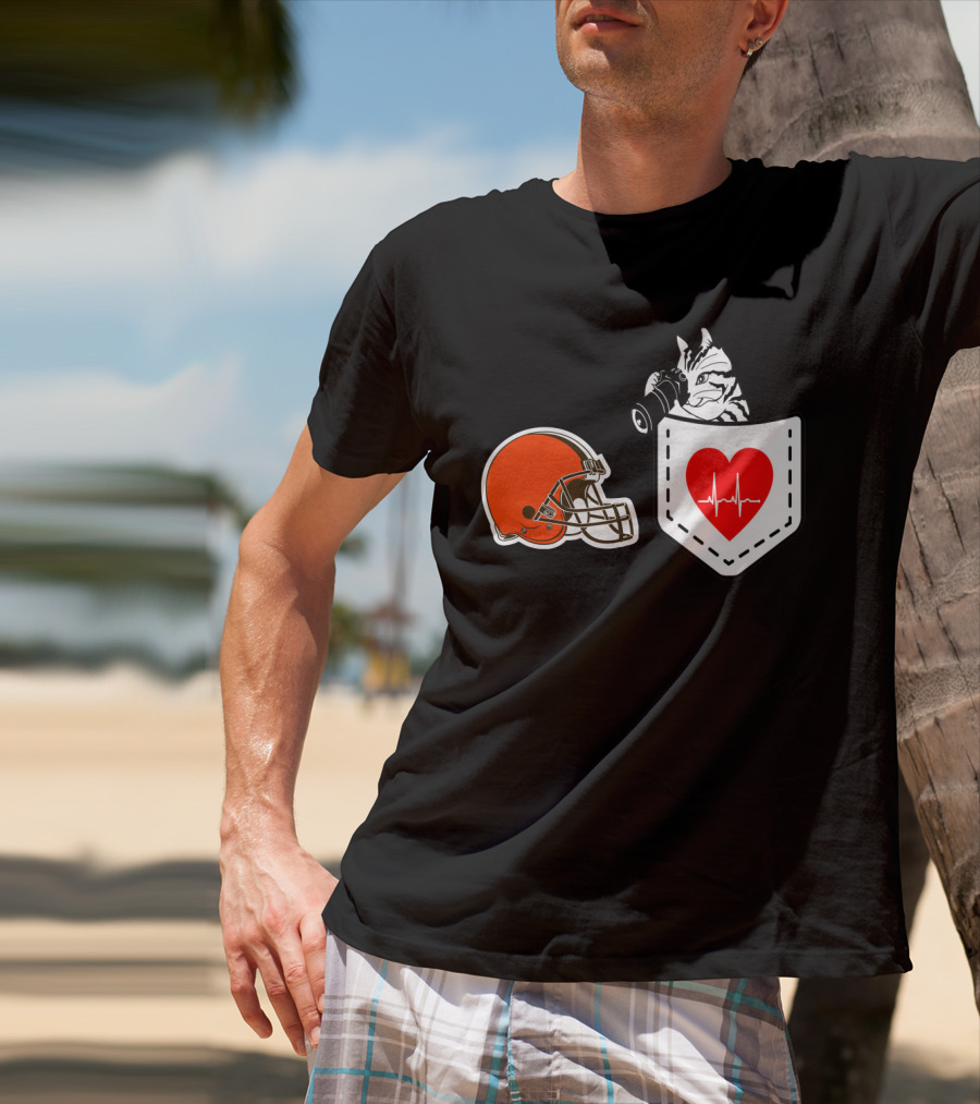 Cleveland Browns Helmet Zebra Heartbeat Pocket T-Shirt