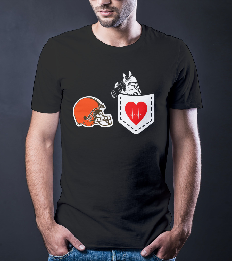 Cleveland Browns Helmet Zebra Heartbeat Pocket T-Shirt