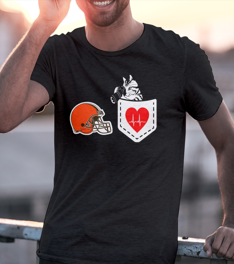 Cleveland Browns Helmet Zebra Heartbeat Pocket T-Shirt