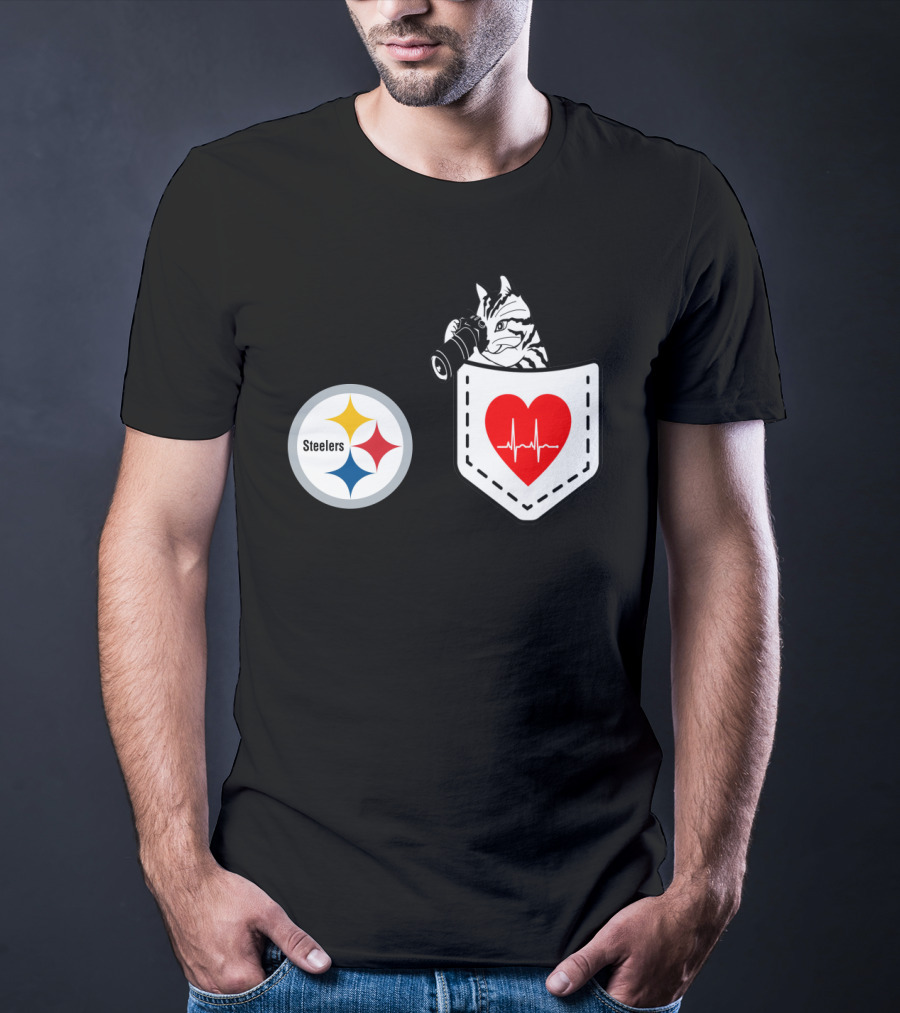 Pittsburgh Steelers Logo With Heartbeat Pocket Cat T-Shirt