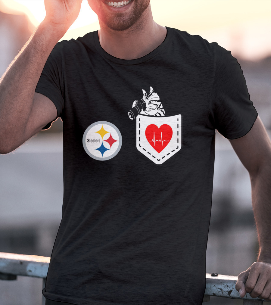 Pittsburgh Steelers Logo With Heartbeat Pocket Cat T-Shirt