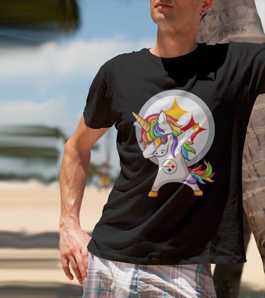 Unicorn Dabbing With Steelers Logo Rainbow Mane T-Shirt