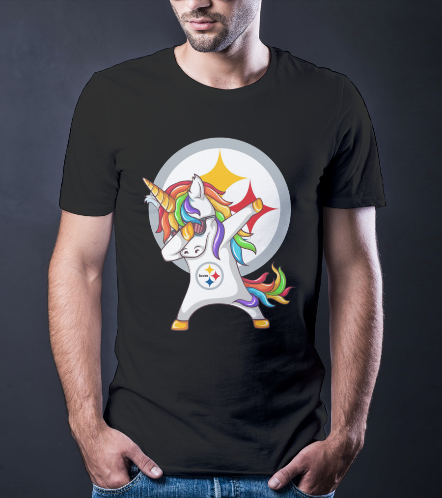 Unicorn Dabbing With Steelers Logo Rainbow Mane T-Shirt