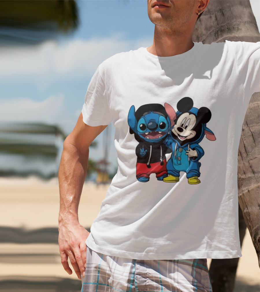 Mickey Mouse And Stitch In Hoodies T-Shirt
