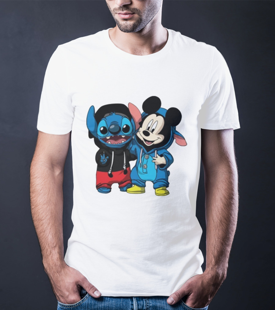 Mickey Mouse And Stitch In Hoodies T-Shirt