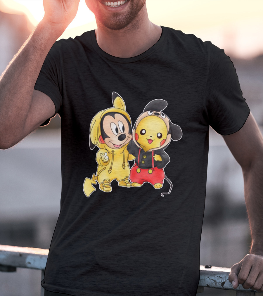 Mickey Pikachu Crossover Characters In Hoodie Costumes T-Shirt