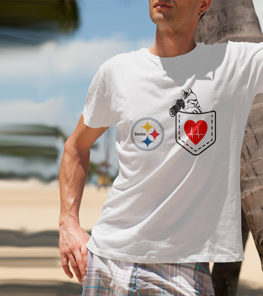 Pittsburgh Steelers Cat With Heartbeat Pocket T-Shirt