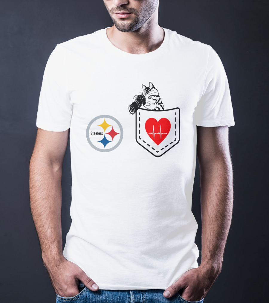 Pittsburgh Steelers Cat With Heartbeat Pocket T-Shirt