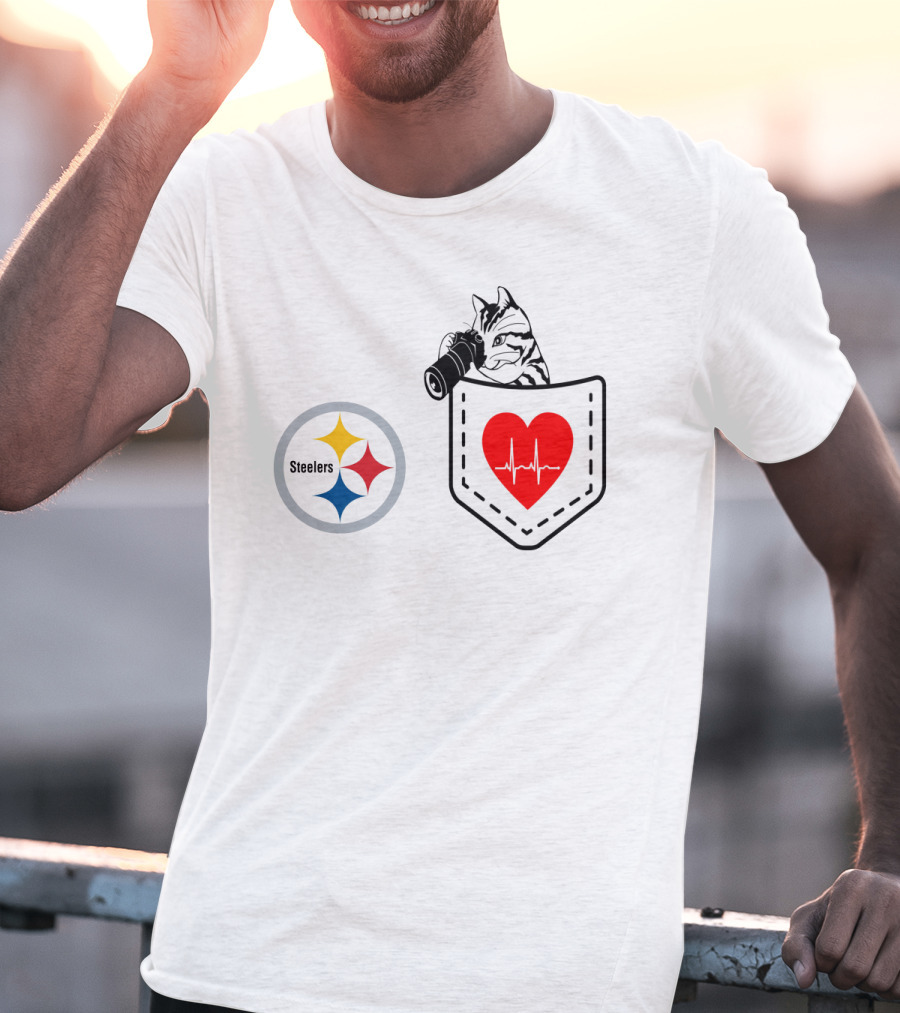 Pittsburgh Steelers Cat With Heartbeat Pocket T-Shirt