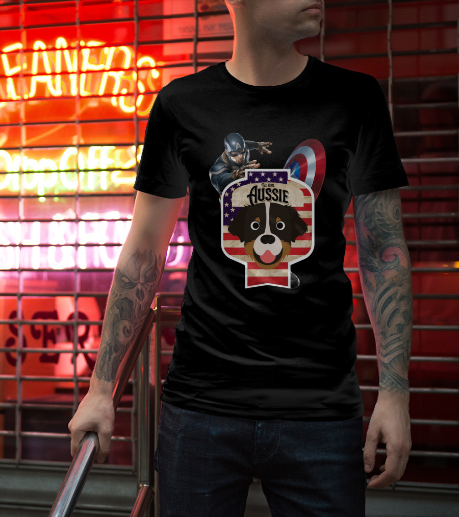 Aussie Australian Shepherd Est. 1975 Captain America Shield Stars And Stripes T-Shirt