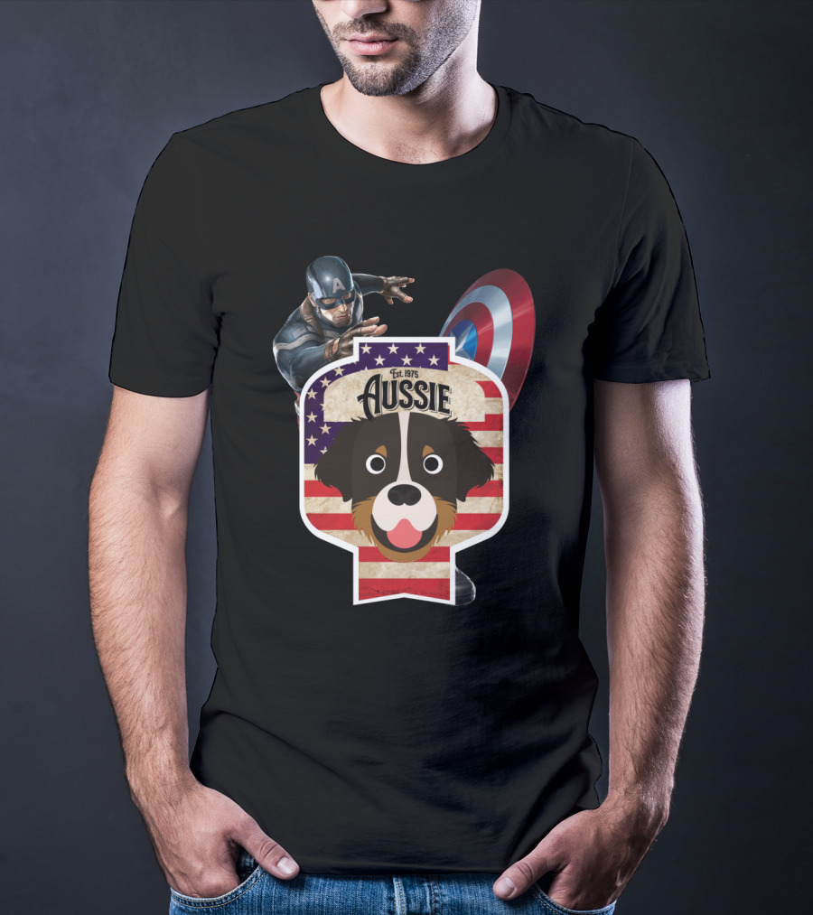 Aussie Australian Shepherd Est. 1975 Captain America Shield Stars And Stripes T-Shirt