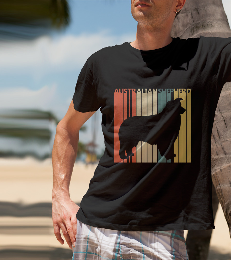 Australian Shepherd Silhouette With Vintage Stripes T-Shirt