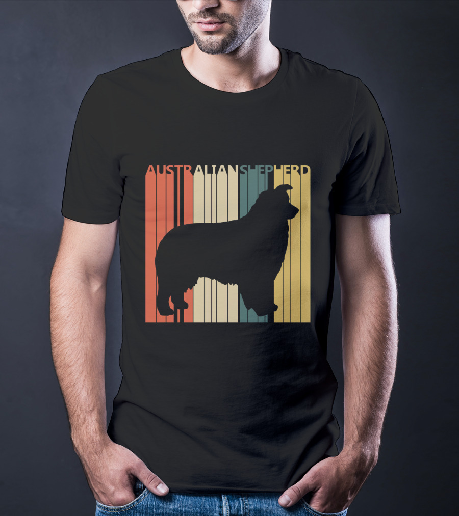 Australian Shepherd Silhouette With Vintage Stripes T-Shirt
