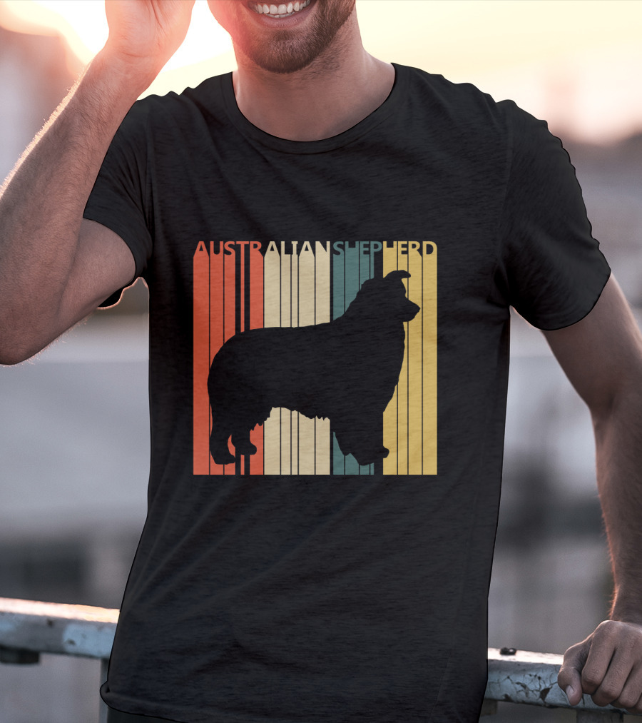 Australian Shepherd Silhouette With Vintage Stripes T-Shirt