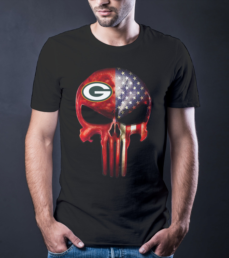 Green Bay Packers American Flag Skull T-Shirt