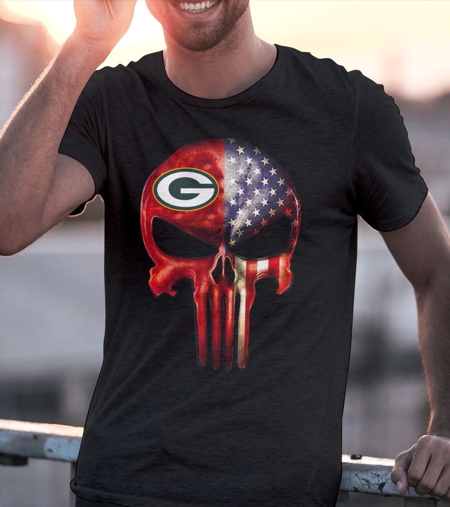 Green Bay Packers American Flag Skull T-Shirt
