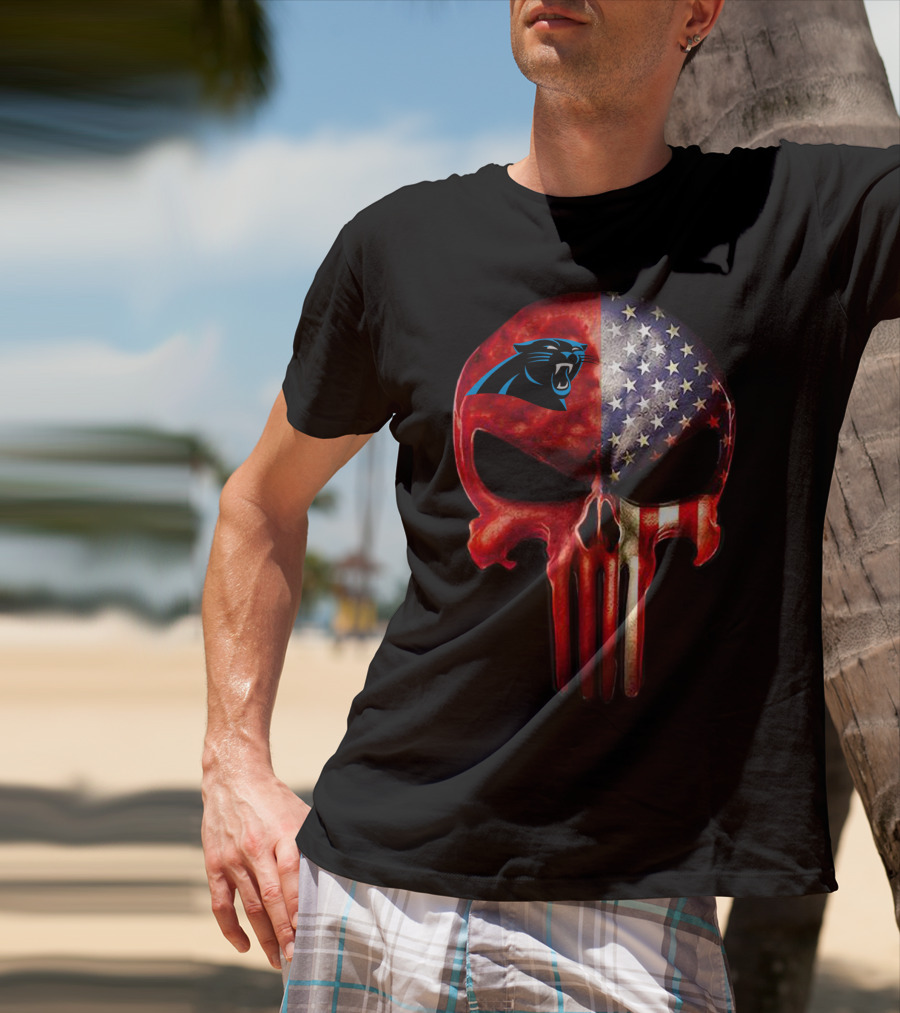 '05 CarolinaPanthers Skull American Flag T-Shirt