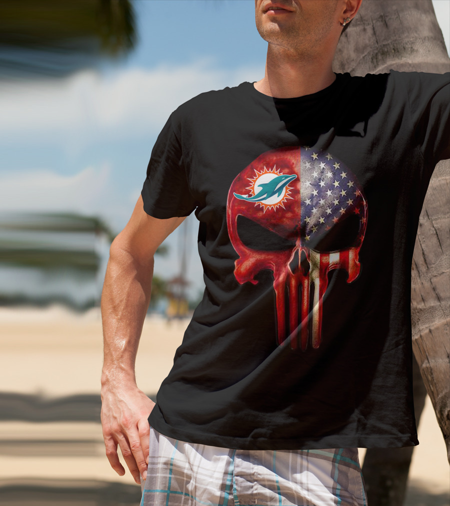 Miami Dolphins Punisher Skull American Flag For True Miami Fan Only T-Shirt