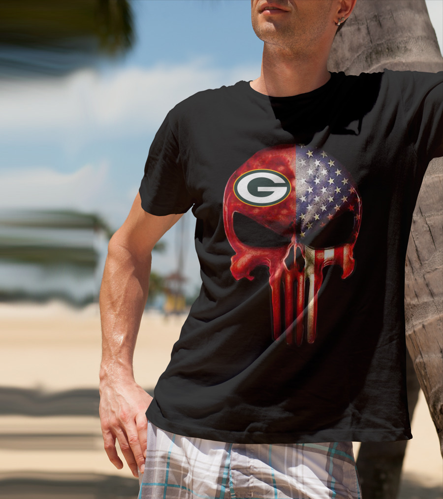 Green Bay Skull American Flag Fusion For True GreenBay Fan Only T-Shirt