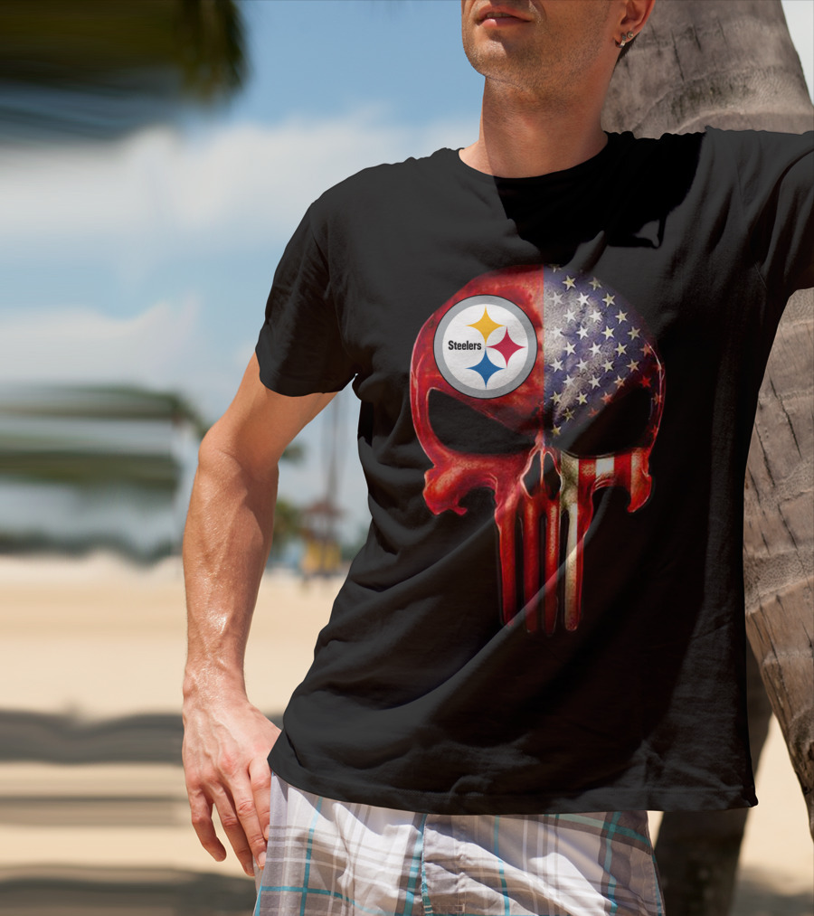 Steelers American Flag Skull For True Pittsburgh Fan Only T-Shirt