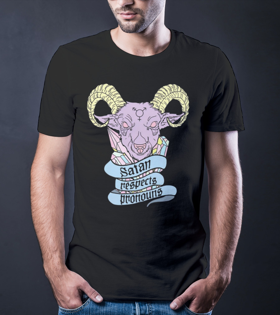 Satan Respects Pronouns Pastel Goat Head With Horns And Gender Symbols T-Shirt