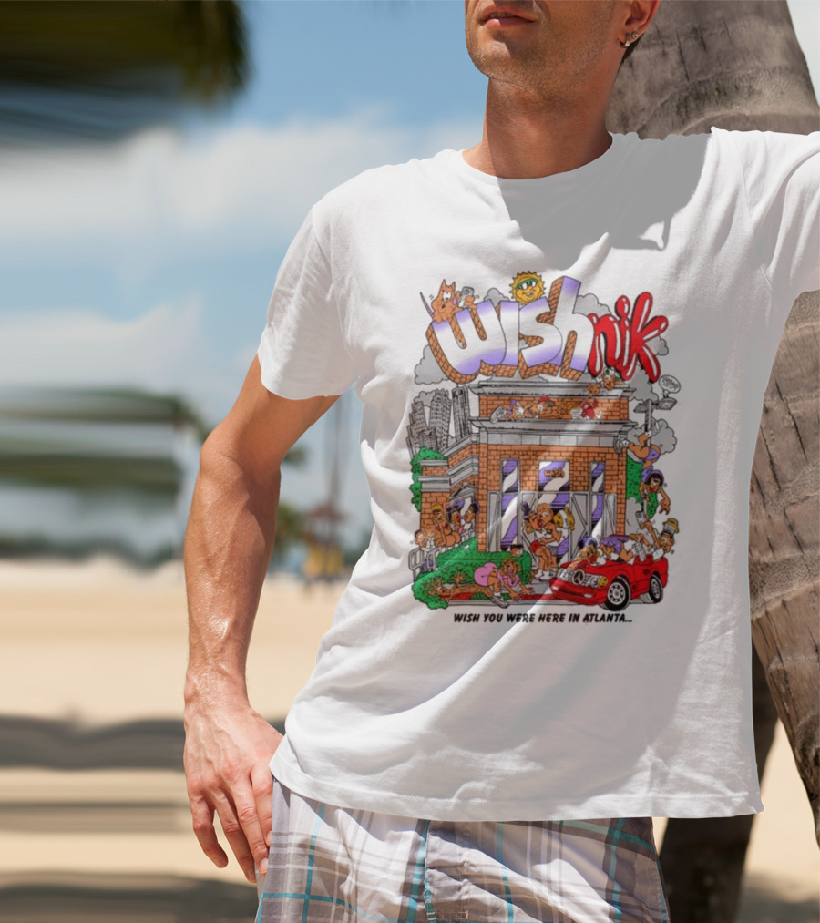Wishnik Wish You Were Here In Atlanta Cartoon Car Crowd Scene T-Shirt