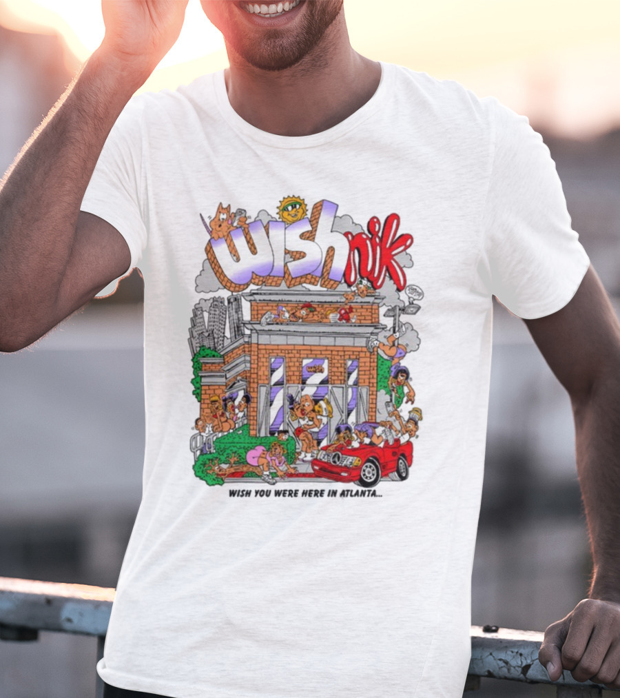 Wishnik Wish You Were Here In Atlanta Cartoon Car Crowd Scene T-Shirt