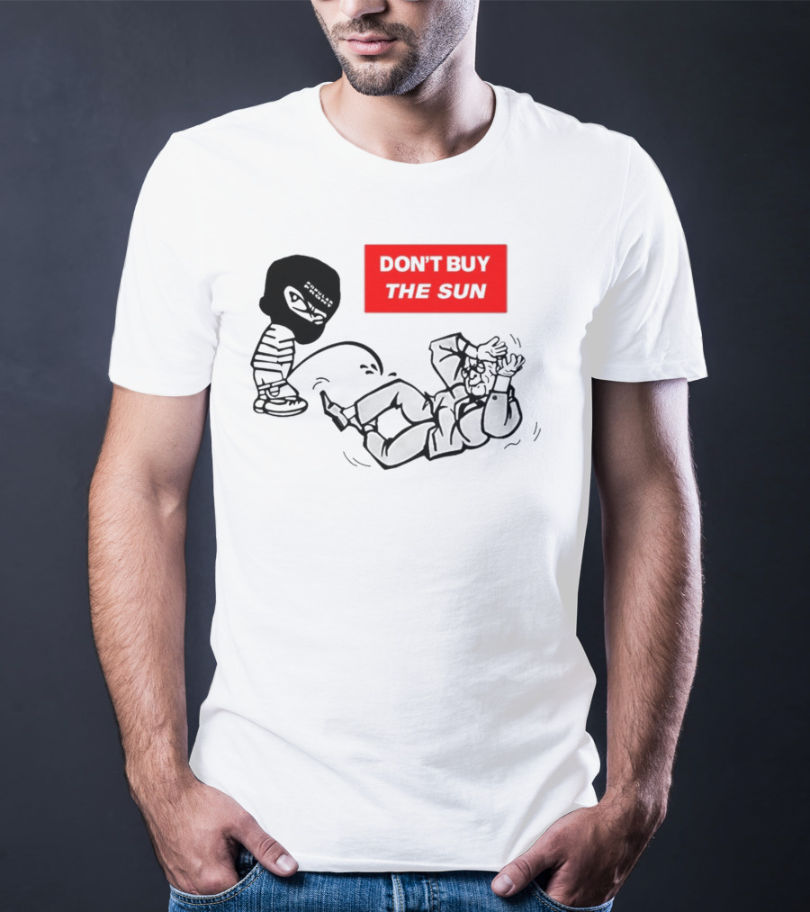 Don't Buy The Sun Graphic With Cartoon Character And Masked Figure Mocking Gesture T-Shirt