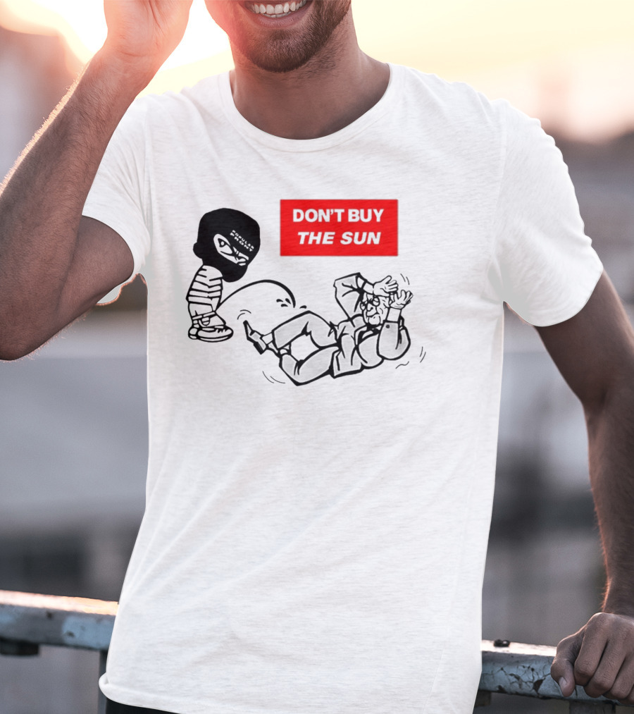 Don't Buy The Sun Graphic With Cartoon Character And Masked Figure Mocking Gesture T-Shirt