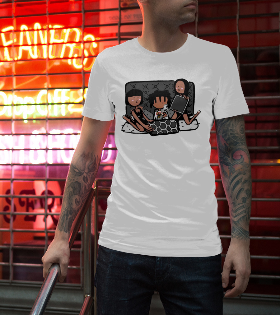 Kodone Playboi Carti Self Titled Cartoon Character With Two Figures In Black Outlines And Geometric T-Shirt