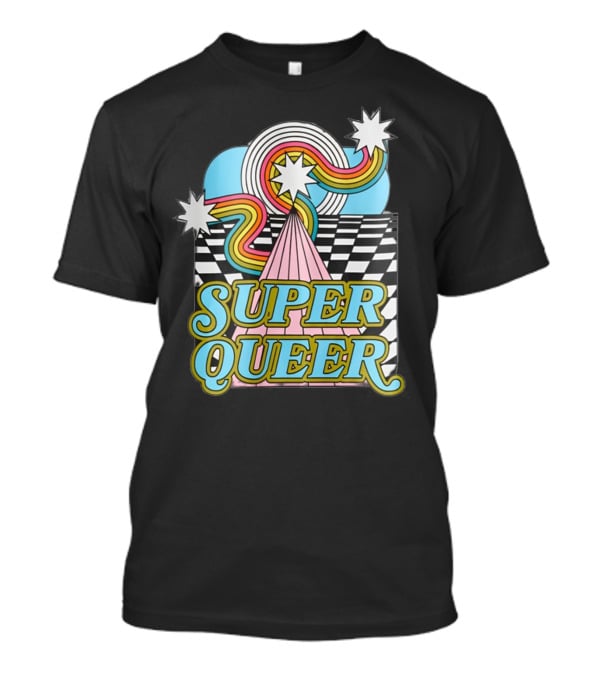 Super Queer Retro Rainbow Starburst Checkered Sky Burst T-Shirt