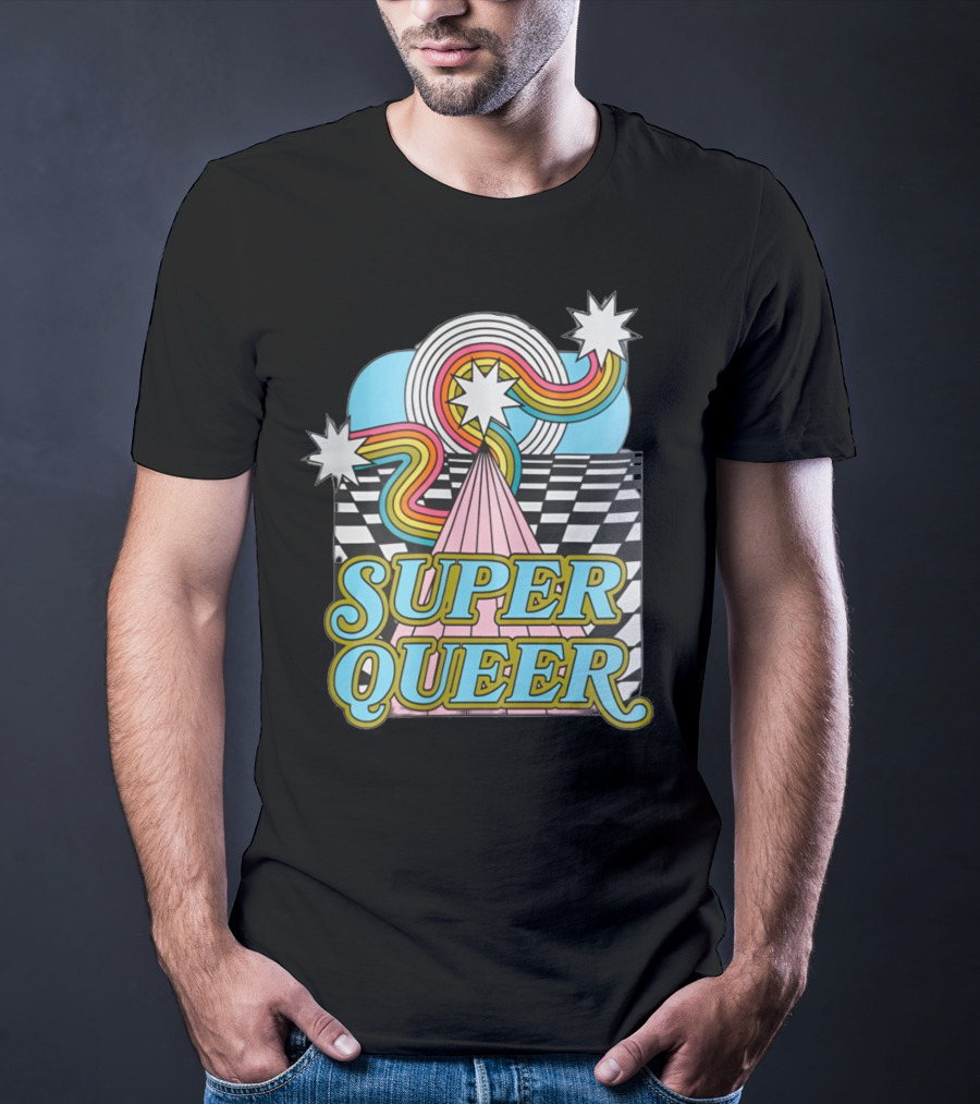 Super Queer Retro Rainbow Starburst Checkered Sky Burst T-Shirt